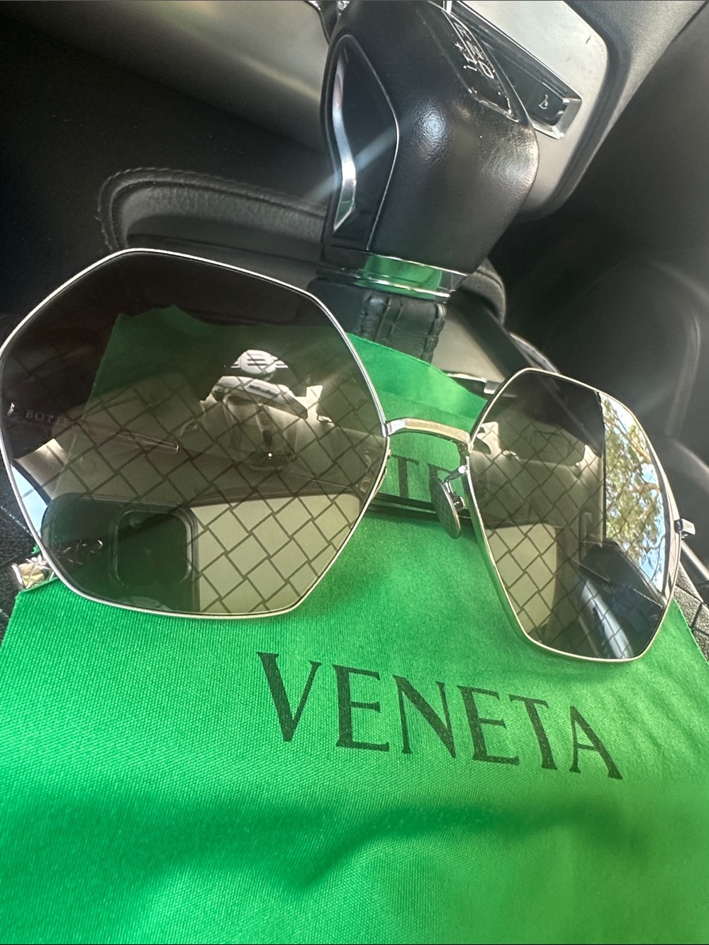 Bottega Hexagonal Metal Frame Sunglasses in Silver with Smoke Lenses
